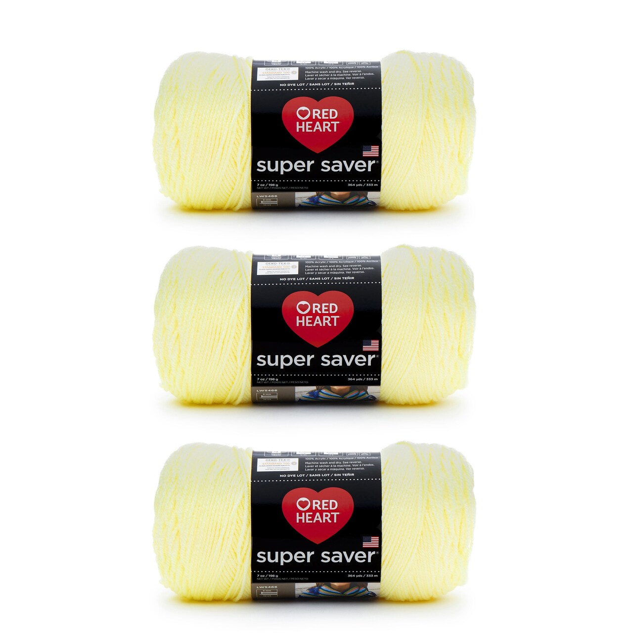 Red Heart Super Saver Pale Yellow Yarn - 3 Pack of 198g/7oz - Acrylic - 4 Medium (Worsted) - 364 Yards - Knitting/Crochet